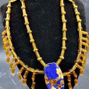 Gold and Blue Statement Necklace with Earrings